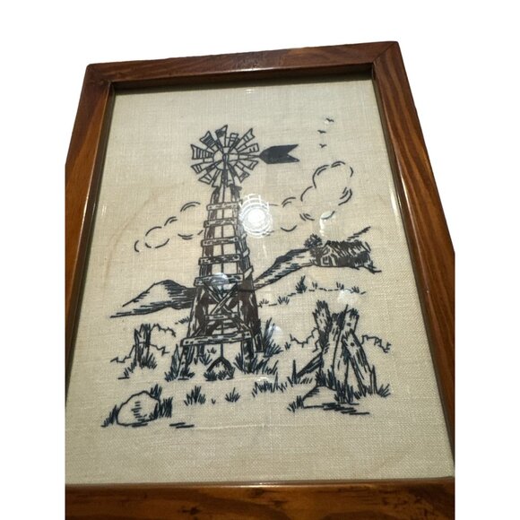 Vintage Windmill Embroidery Art In Wooden Frame - Picture 1 of 4